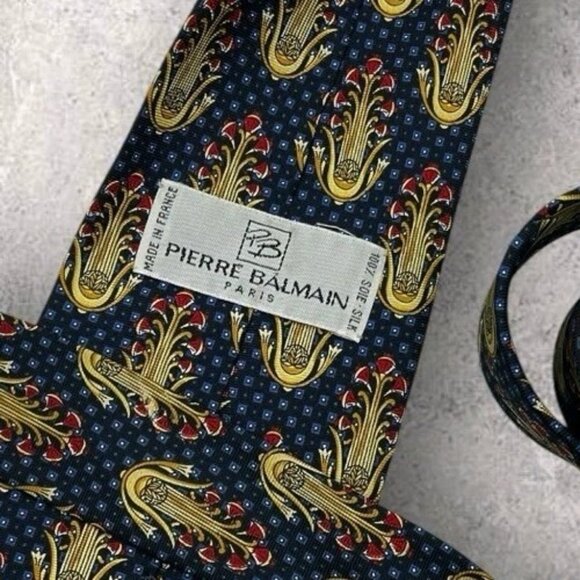 PIERRE BALMAIN Silk Tie FRANCE Navy Gold Art W:3.7" EUC - Picture 2 of 6